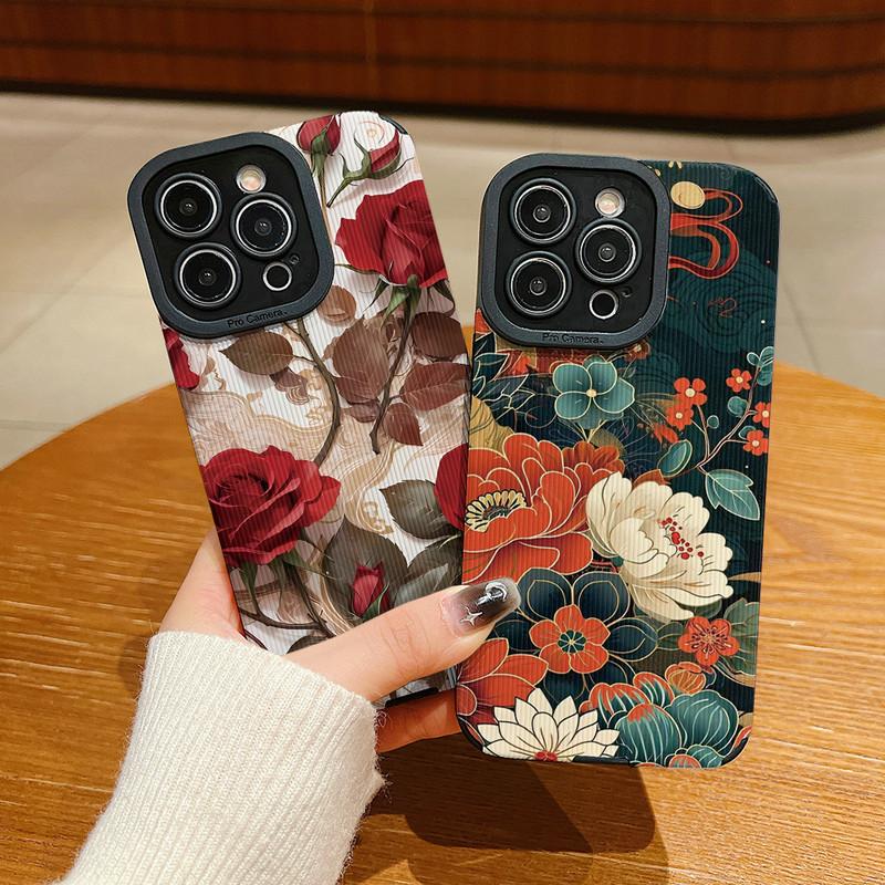 Funda Trasera de Cuero con Grano Vertical y Estampado Floral de Silicona Suave con Protección Completa para la Lente de la Cámara para Samsung
