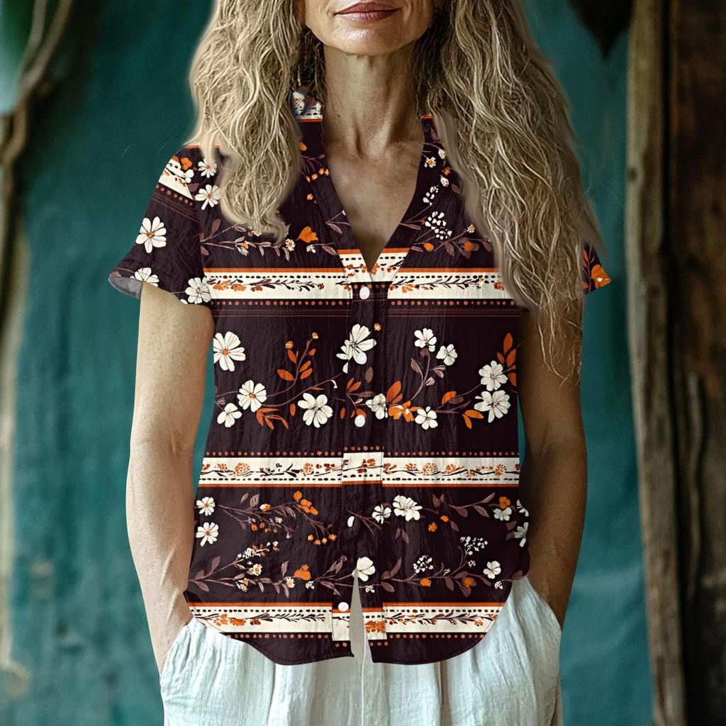 Women's Casual V-neck Short Sleeved Top, Printing T-shirt Shirt