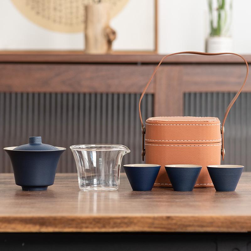 Light Luxury Travel Tea Set Cover Bowl Kuaike Three Cups Outdoor Portable Handbag High-end Ceramic Glass Tea Maker Gift