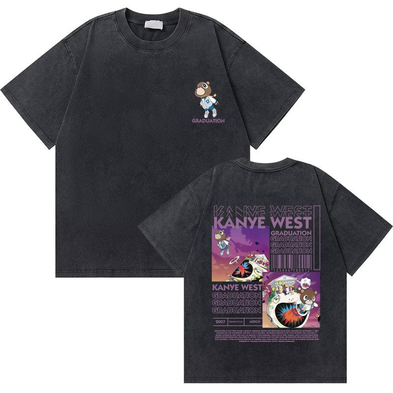 Washed Vintage Rapper Kanye West Graduation Bear Graphic T Shirt Men Pure Cotton Tshirt Mens Hip Hop Fashion Oversized Tshirt