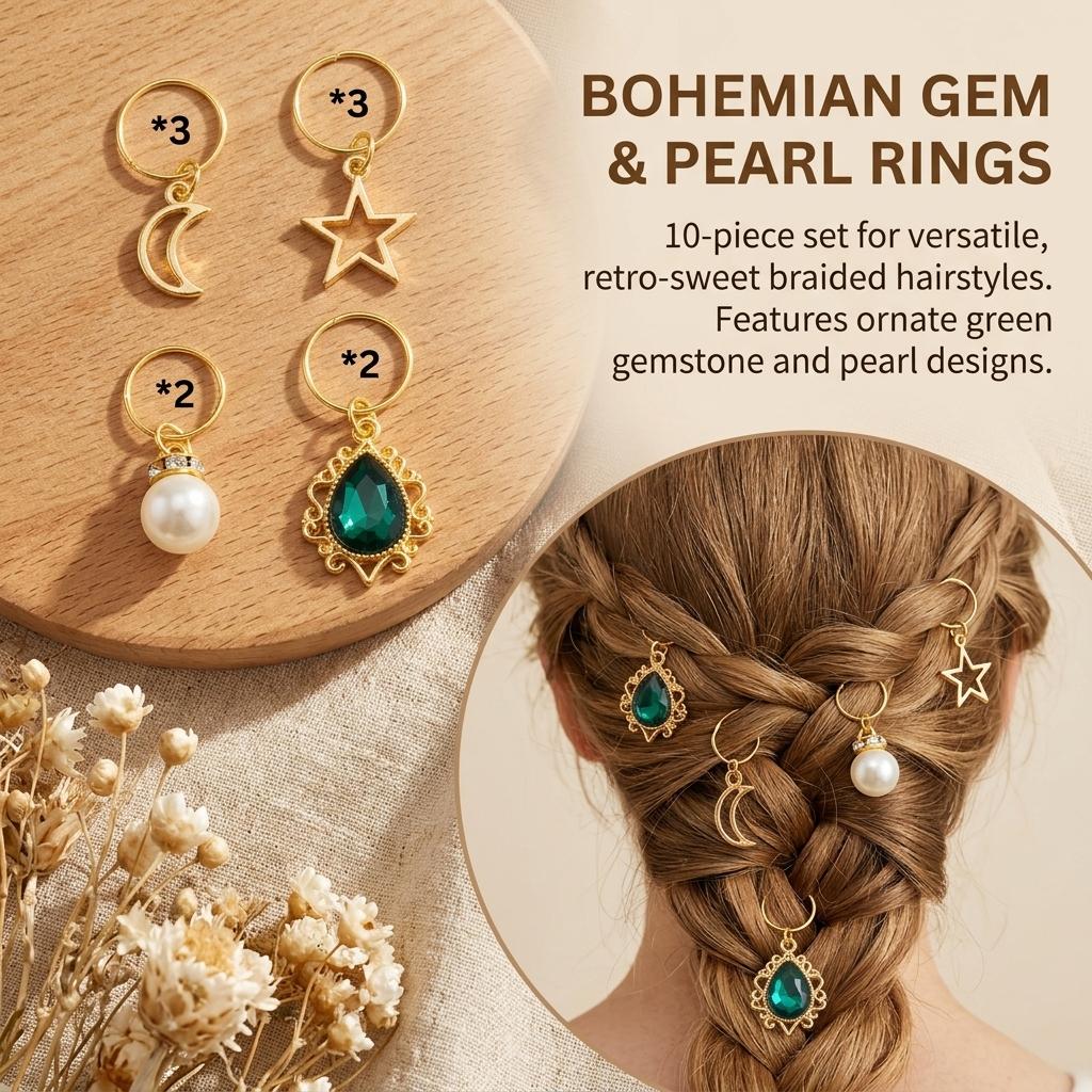 Bohemian Style Green-Gem Pearl Hair Ring with Moon Star Pendant for Women Retro Sweet Wreath Headwear