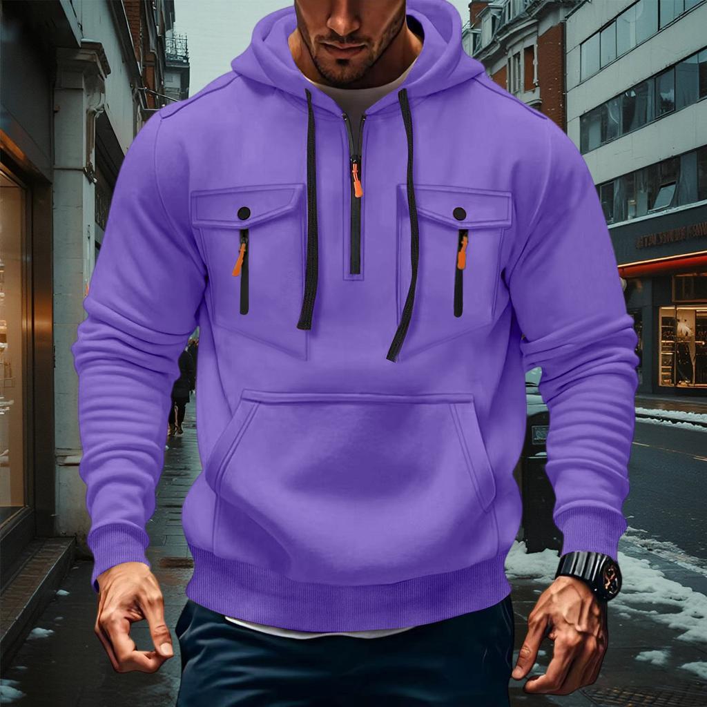 Men's Military Cargo Hoodies, Casual Quarter Zipper Pullover Tops With Multi Pockets