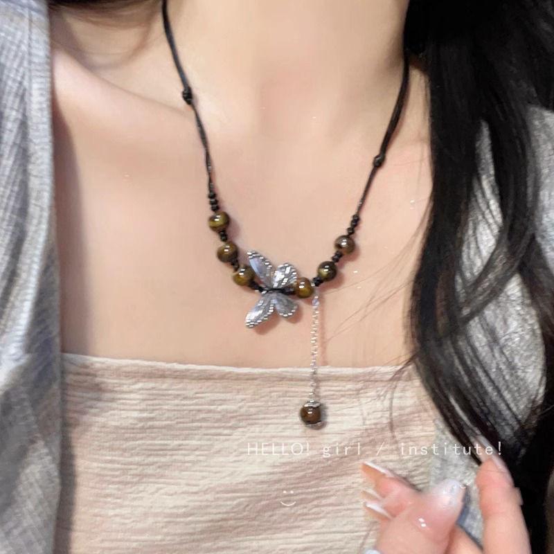 Women Ethnic Neck Accessories Chinese Style Butterfly Light Luxury High Sense New Chinese Retro Natural Stone Beaded Versatile Collarbone Chain