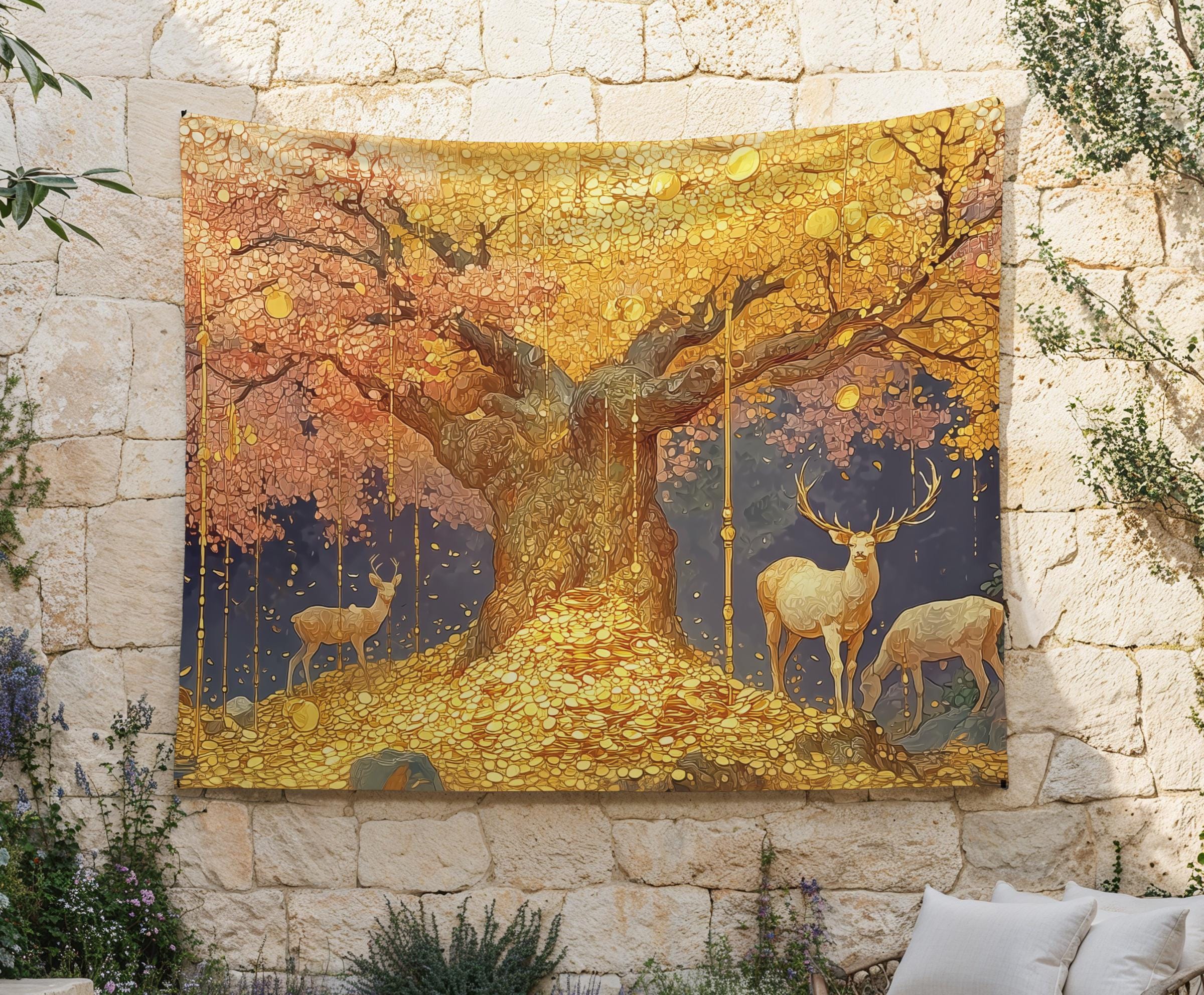 Money Making Tree Fortune Deer Fortune Tapestry Living Room Background Cloth Entrance Decoration Room Decoration 100X70CM