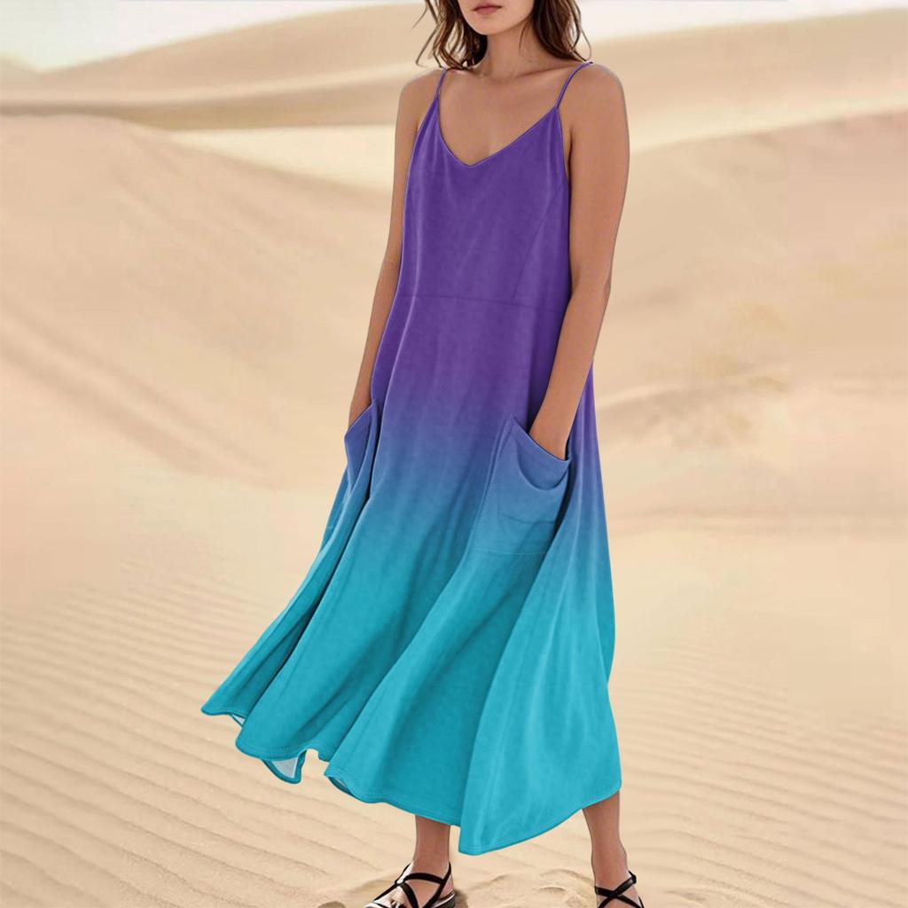 Women's Casual V Neck Gradient Print Sleeveless Pocket Suspender Dress