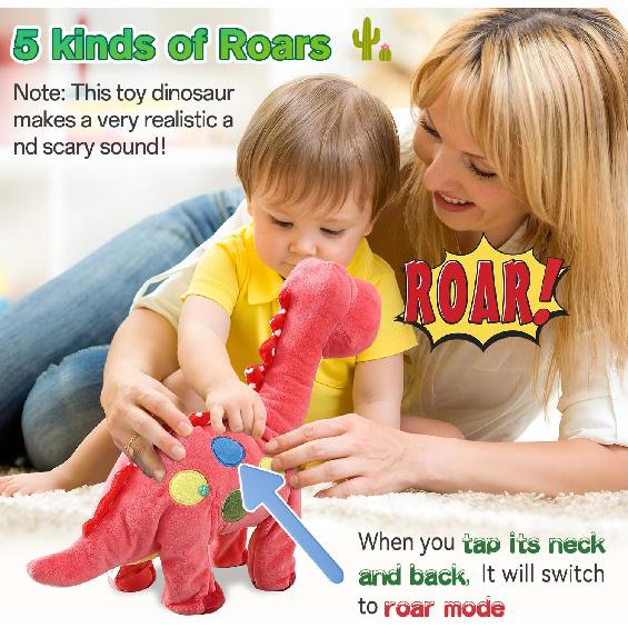 Walking Electric Pink Dinosaur Singing Toy , Noding, Roaring, Repeating What You Say, Touch & Button Control Realistic Robot Musical Animated Plush
