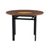 Modern Minimalist Round Table, 100 Cm Diameter, Brown Wood Grain, Glass Top, Metal Frame