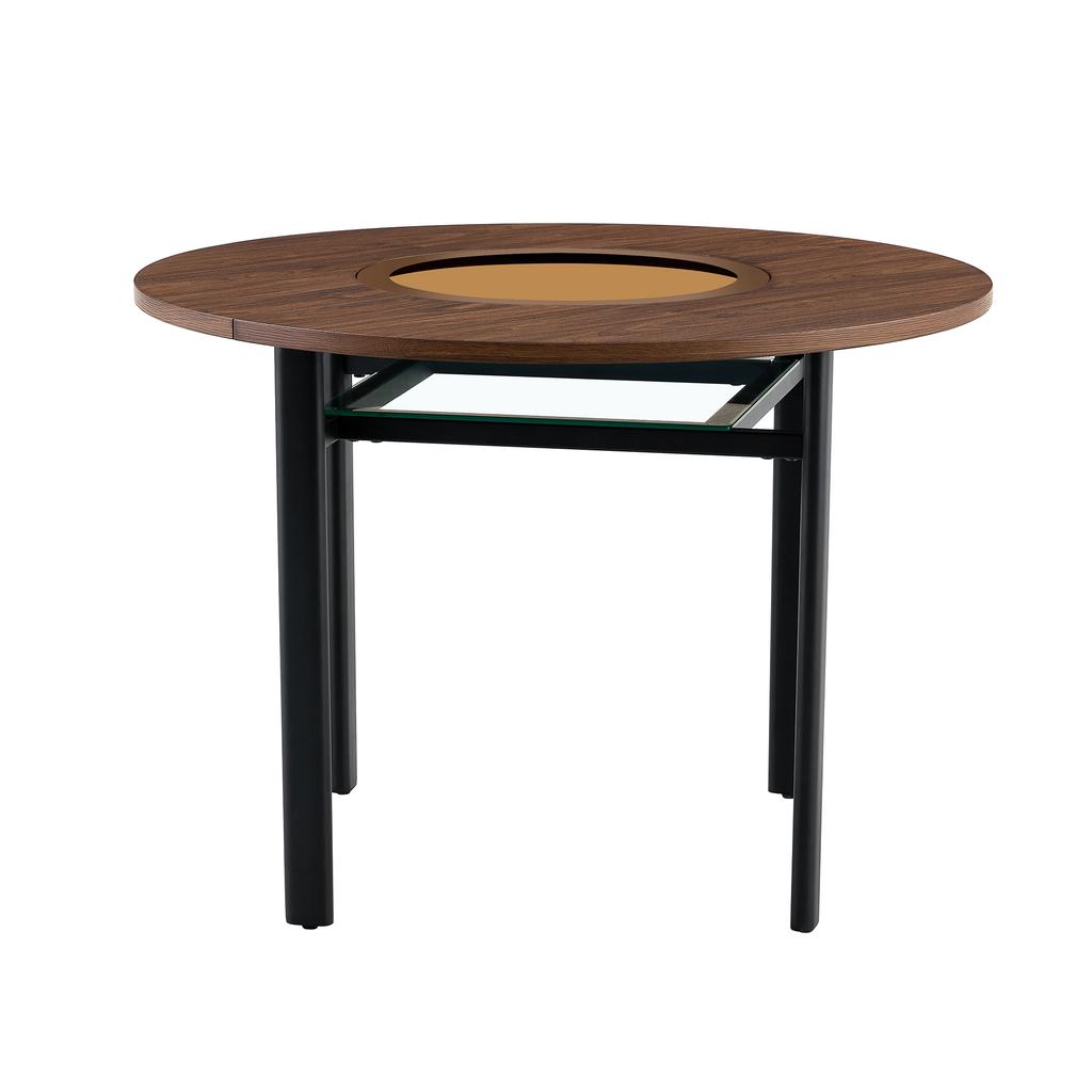 Modern Minimalist Round Table, 100 Cm Diameter, Brown Wood Grain, Glass Top, Metal Frame