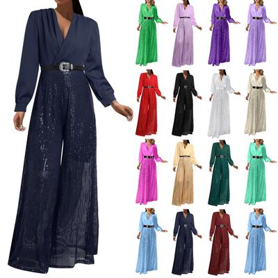 Moda Feminina Blusa Elegante e Graciosa de Manga Longa com Decote em V Cintura Ajustada para uma Silhueta Favorecedora Macacão Elegante de Perna Larga Embelezado com Lantejoulas