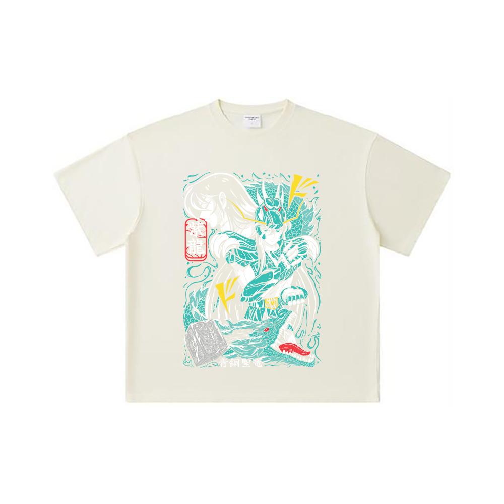 260 GSM podwójna przędza 32 count 100% bawełna Saint Seiya V8 nadruk Shiryu unisex ciężka bawełniana koszulka