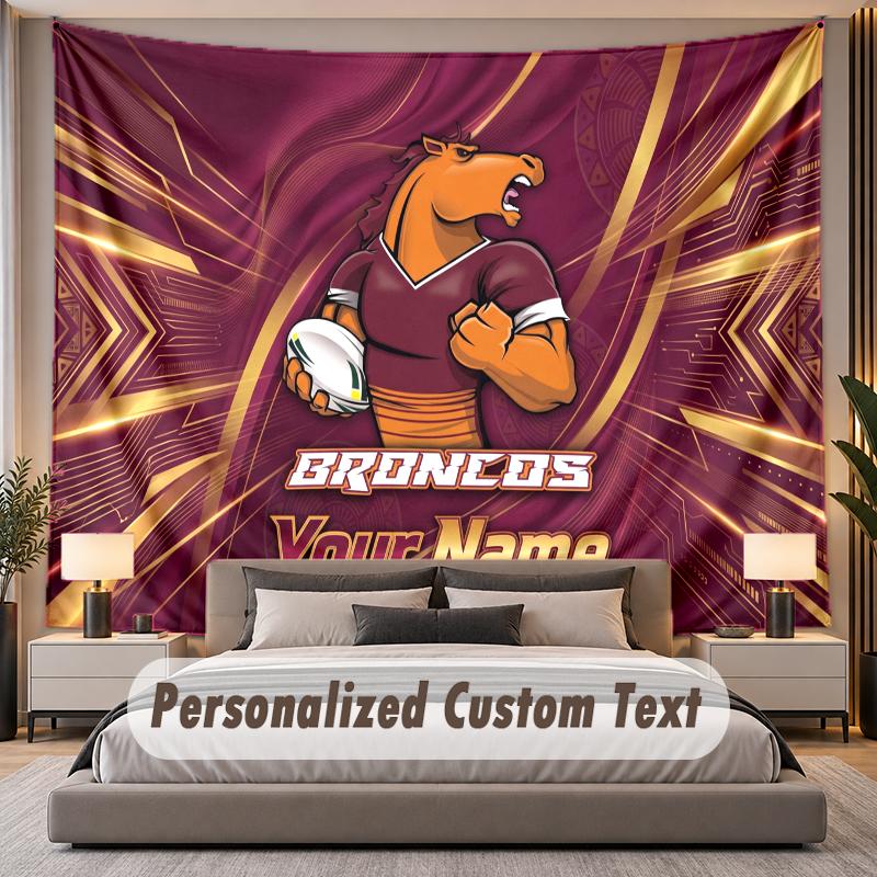 Custom Name Text Tapestry Brisbane Broncos Personalized Polyester Wall Tapestry For Bedroom And Room