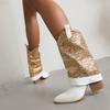 Sequin Cloth Western Boots Women Glitter Silver Gold Chunky High Heels Mid-calf Cowboy Boots Cowgirl Shoes