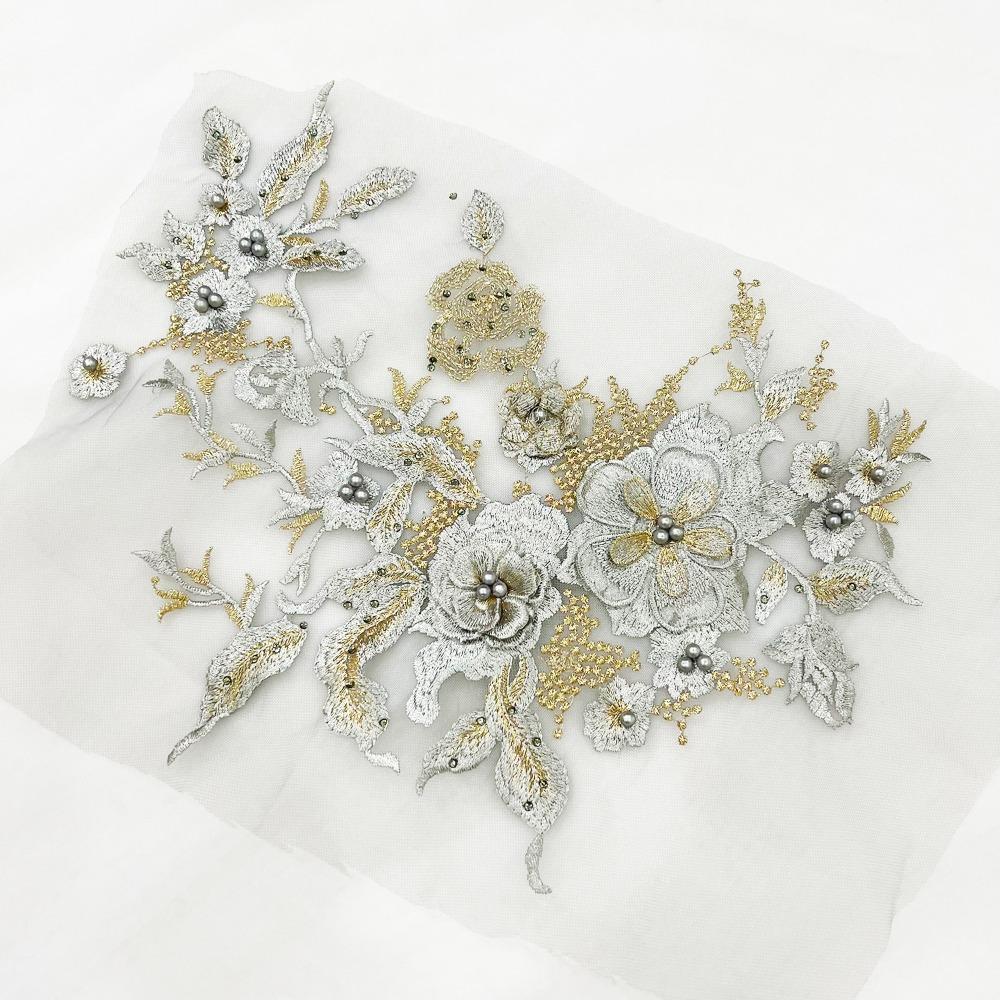 Colorful Sequined Sewing On Patches Flower Lace Beaded Lace Applique  Bridal Dress