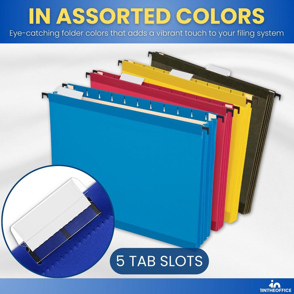 1InTheOffice Poly Expanding Hanging File Folders Letter Size, Hanging File Pocket, File Cabinet Dividers, Assorted, 5/Pack