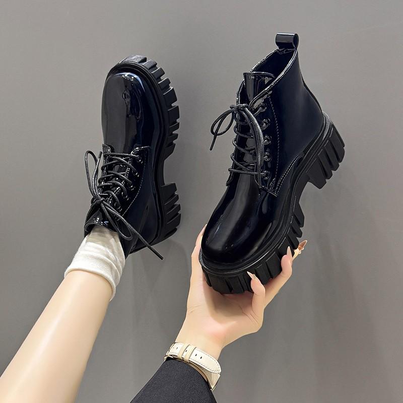 Anti-slip Platform Booties Winter New Round Toe Lace-up Patent Leather Waterproof Block Heel Shoes for Women
