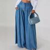 Women's High Waist Pleated Denim Palazzo Pants Wide Leg Jeans with Pockets
