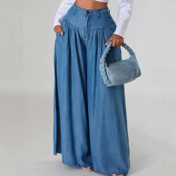 Women's High Waist Pleated Denim Palazzo Pants Wide Leg Jeans with Pockets