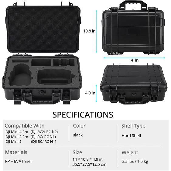 Professional Mini 4 Pro Hard Case, Waterproof Travel Carrying Case Bag for DJI Mini 4/3 Pro, with RC-N2/RC 2 Remote & Accessories