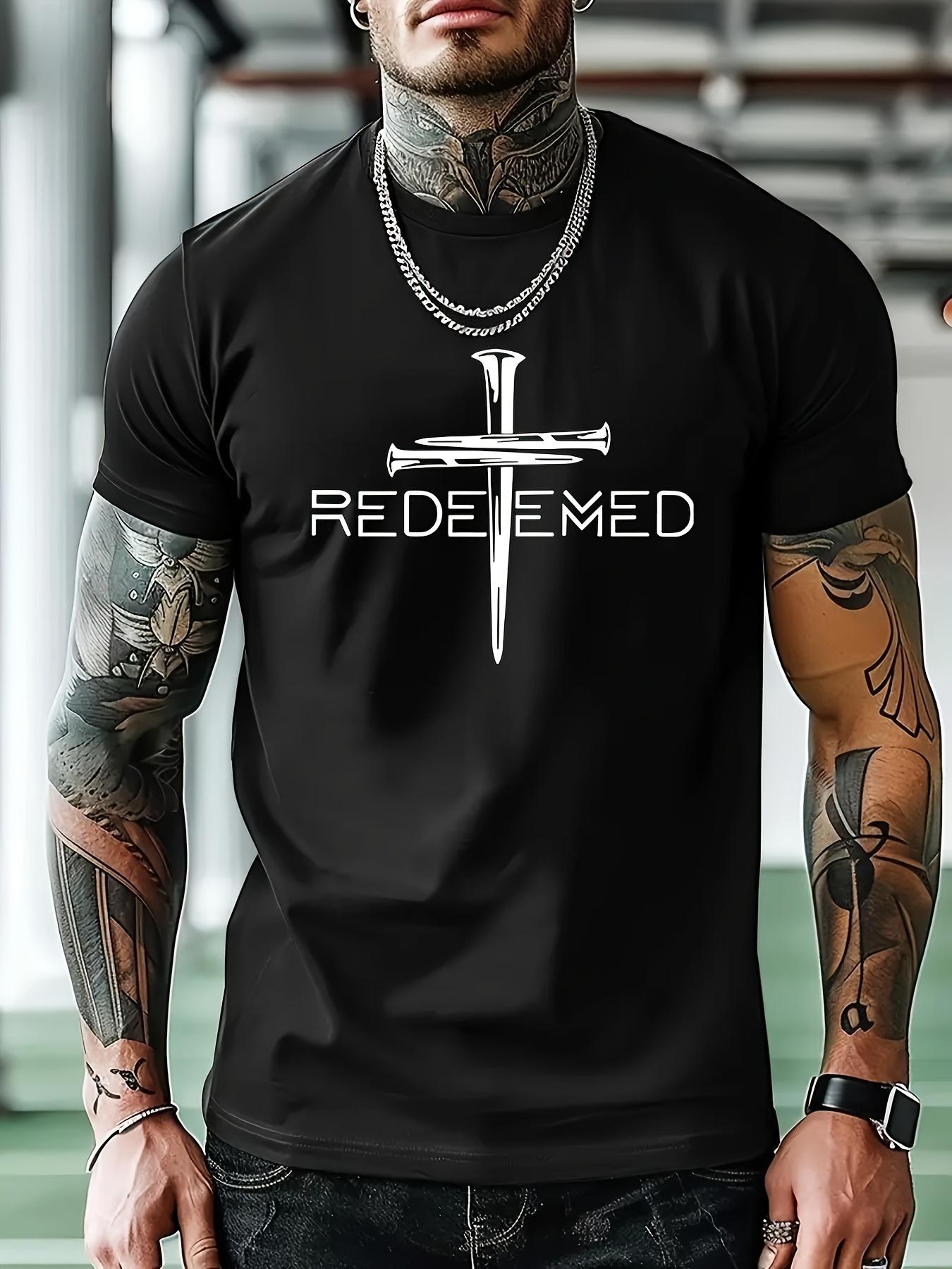 REDEEMED  Graphic T-shirt - Red Crew Neck Short Sleeve Tee with Bold White Cross Design XXXXL
