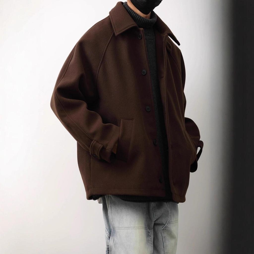 Unisex Japanese Woolen Jacket: Autumn/Winter Retro Loose Fit with Lapel, Oversized Casual Style.