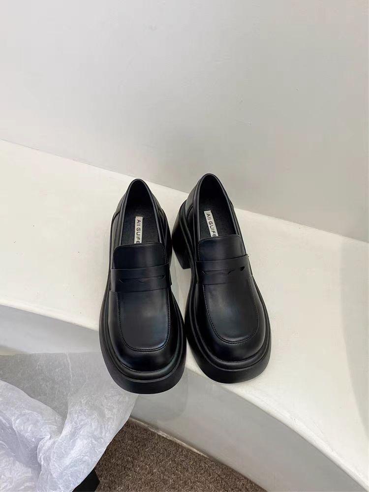 

2025 новая модель, стиль колледжа ~ ретро-лоферы с круглым носком и увеличенной платформой, женские кожаные туфли в британском стиле, весенние и осенние одинарные туфли 40 чёрный