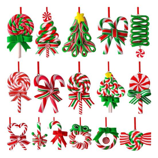 Christmas Gift Decorations 16 Pcs Lollipop Ornaments, Red Green Striped Peppermint Swirl Candy Cane Wooden Tree Pendants Hanging Decoration, Colorful