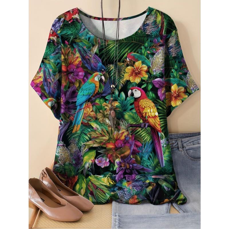 Women's Short-sleeved Round-neck T-shirt with Fox Pattern Print