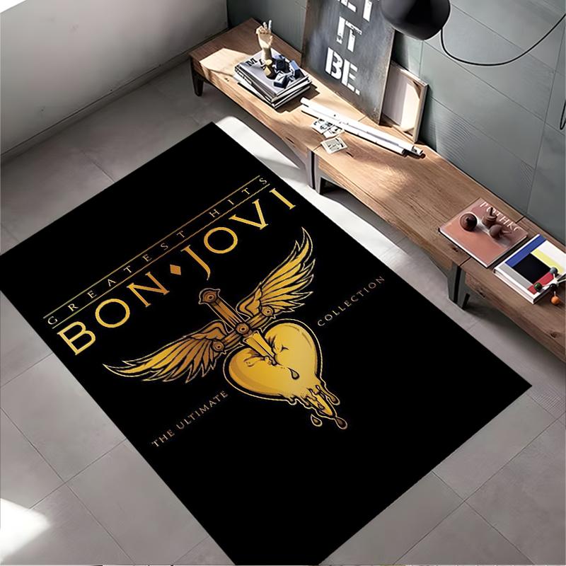 Bon Jovi logo with gold heart and wings. Non-slip rug suitable for living room and bedroom sofas.