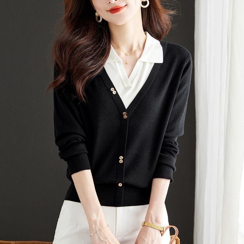 

Поддельный свитер из двух частей с длинными рукавами, осенний наряд для мам, трикотажный свитер с воротником-поло, женский свитер с лацканами, базовая рубашка One Size чёрный