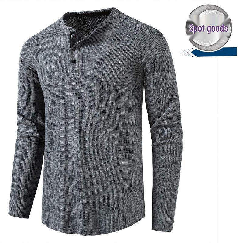 Men's Autumn/Winter Waffle Knit Round Neck Raglan Henley Long Sleeve Base Layer T-shirt