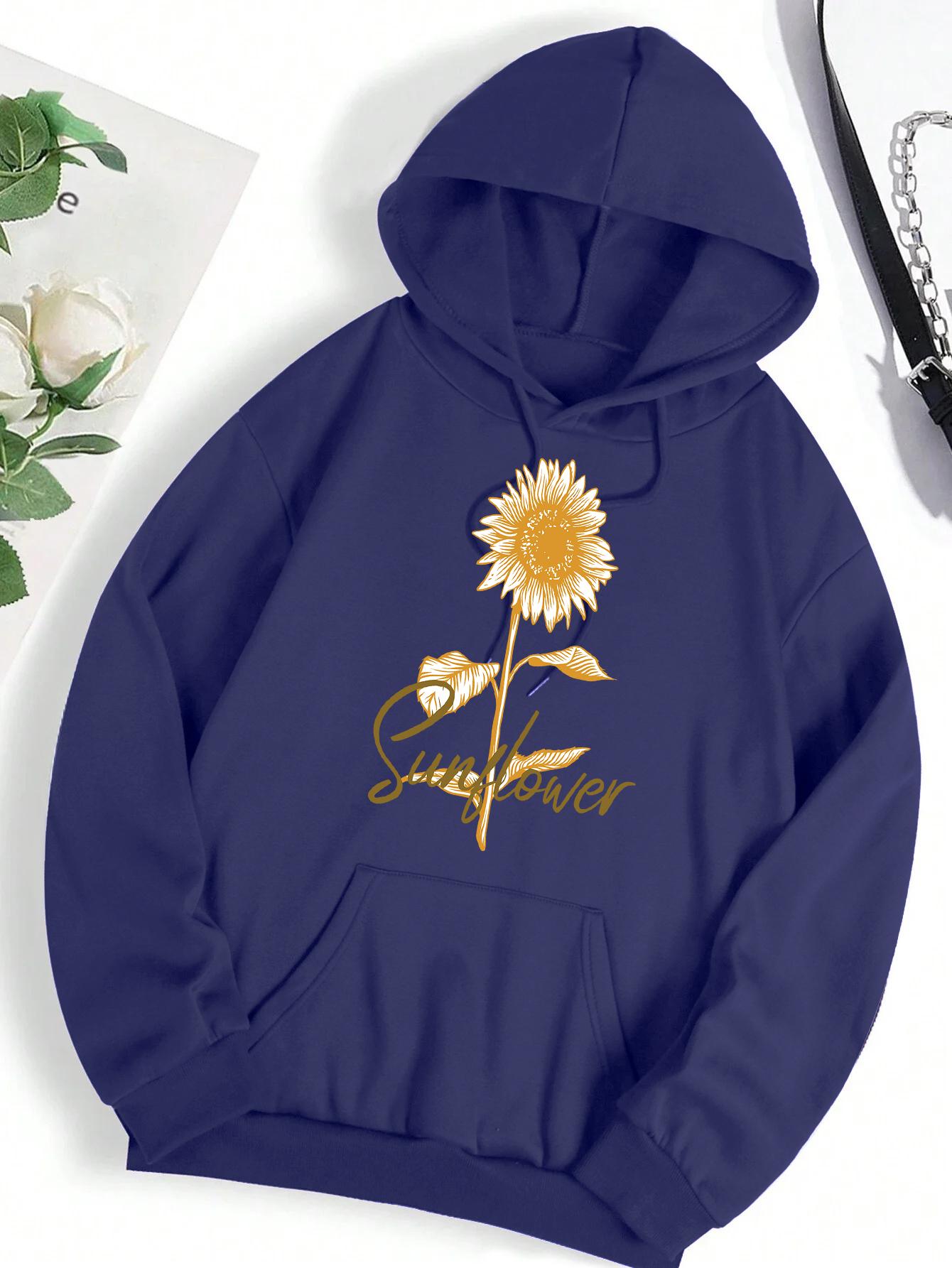 

Blooming Beautiful sunflowers Print Woman Hoody Solid Color Crewneck Pullover Sport Trendy Women clothing Breathable Loose Top 3XL