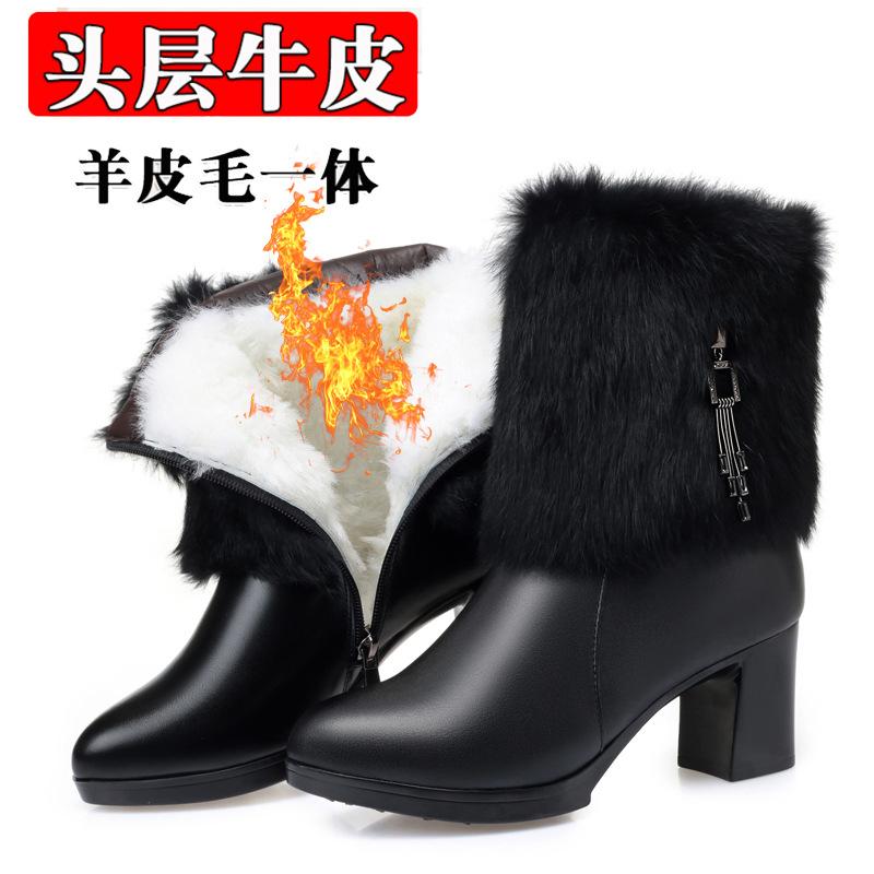 Winter leather women's boots high-heeled model catwalk boots rabbit fur mouth women's cotton boots thick heel cowhide short boots women's wool