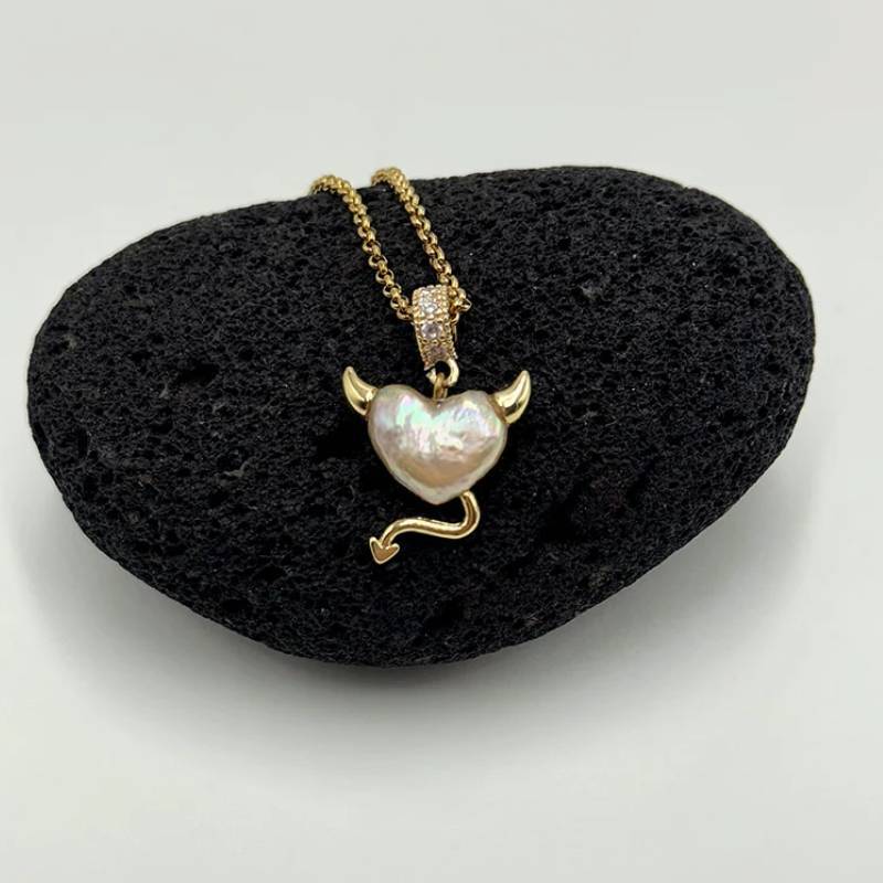 Love Imitation Pearl Necklace Little Devil Angel Pendant Personality Niche Fashion Collarbone Chain Women