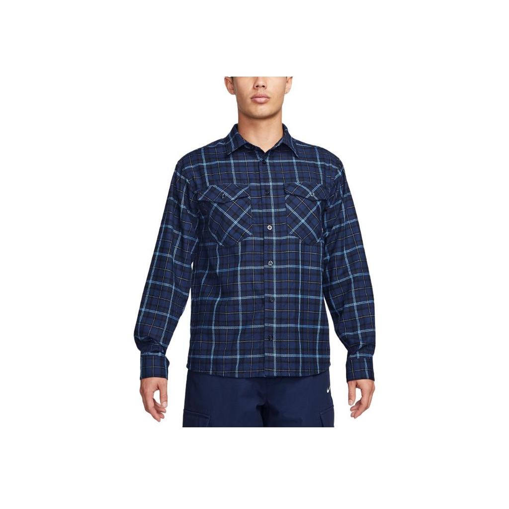 Nike Plaid Print Soft Comfortable Skateboard Button Long Sleeve Shirt Men shirts Blue FN2568-410