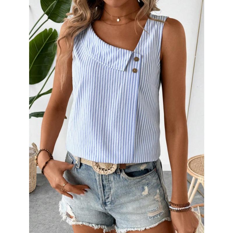 Ärmellose Gestreifte Schräger Halsausschnitt Damenbluse Neues Damen Casual Lockeres Oberteil Einfach Elegant Mode Süßes Büro-T-Shirt Streetwear Knöpfe Kleidung