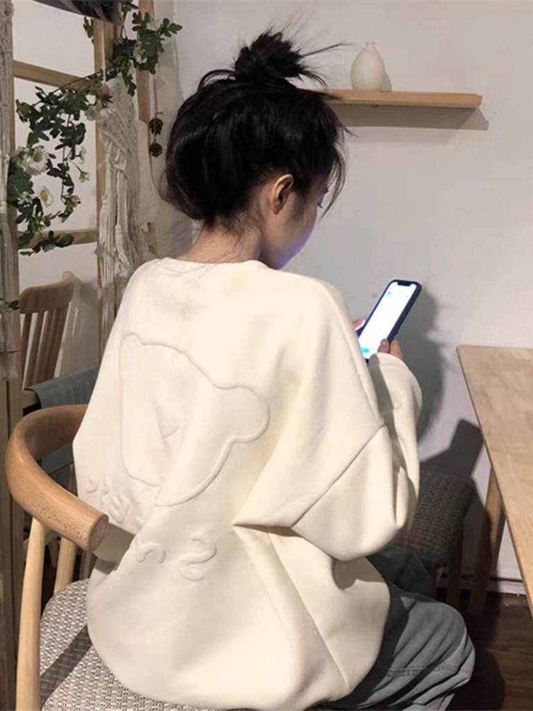 Plus Size Women Autumn Long Sleeve Hoodie Korean Style Oversized Loose Casual Cute Bear Sweatshirt Crew Neck Tops