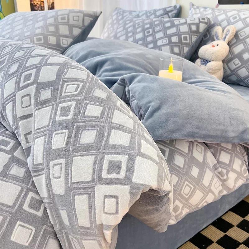 Winter Dickes Bedrucktes Milchsamt Vier-Teile-Set Bequem und Warm Kurzplüsch-Bettbezug 3-teiliges Set Kinderbettlaken