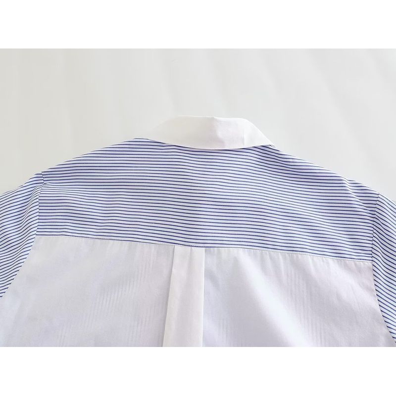 Kaslead New Arrival Women's Fashion Style Stylish Simple and Versatile Stripes Contrast Color Short Sleeve Lapel Pocket Shirt