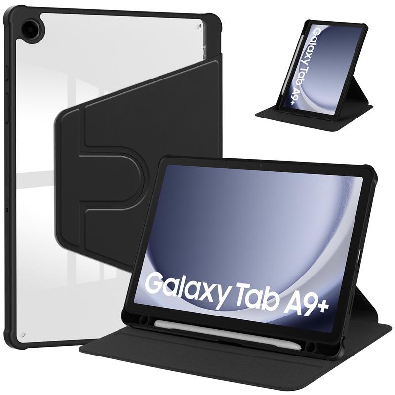 Samsung A9+ Case with Rotating Acrylic Pen Slot, Transparent Ultra-thin Leather Stand