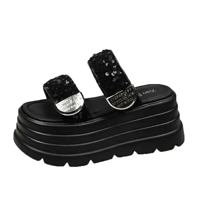 Fashion 8CM High Platform Slippers Women Summer Bling Fashion 2025 New Increase Heels Sandals Casual Muffin Flip-flops Heels Beach Shoes