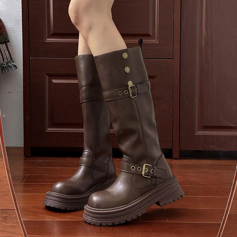 Black Retro British Style Thick Heel Thick-soled Boots Women's Autumn and Winter New Boots Tall and Thin Knight Boots