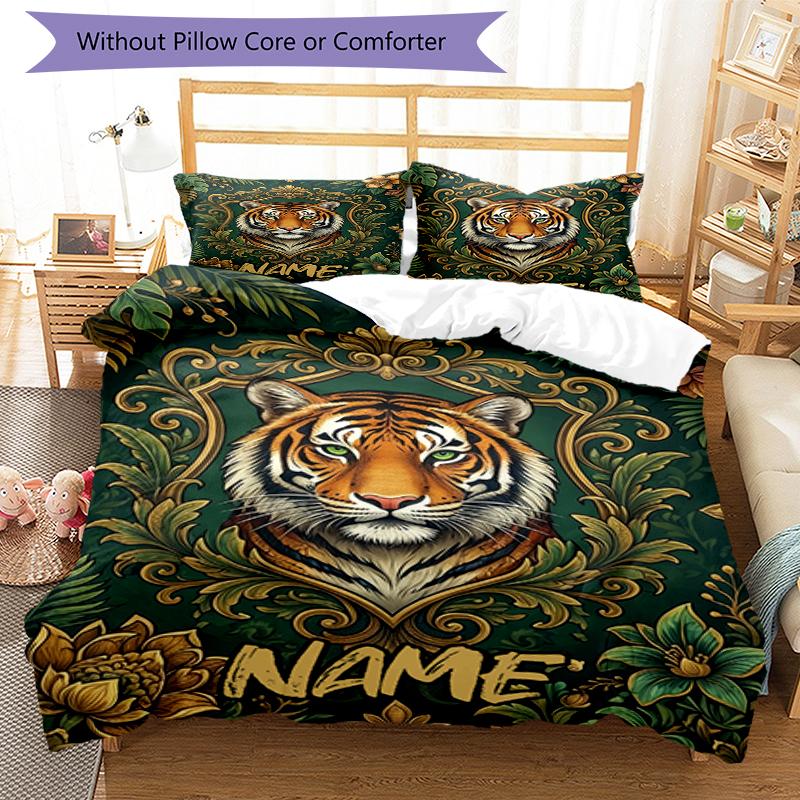 3pcs Custom Name Tiger Bedding Set Duvet Cover Closure Includes 1 Duvet Cover & 2 Pillowcases, Soft and Comfortable for All Seasons.