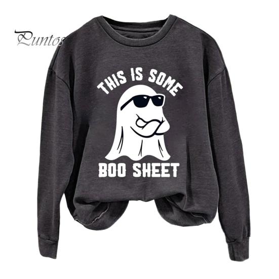 

Осень-весна женский топ с цифровым мультяшным принтом, круглый вырез, длинные рукава, пуловер, свободная толстовка на Хэллоуин, спортивная повседневная одежда S чёрный