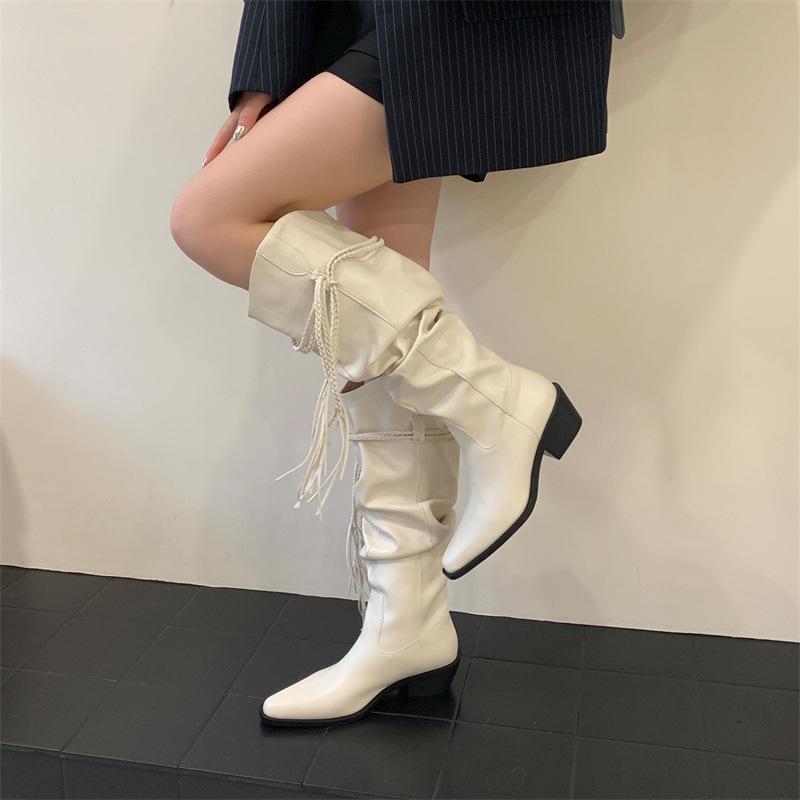 2025 autumn and winter new long western cowboy boots white fashionable hemp rope fringed strap thick heel pointed knight boots