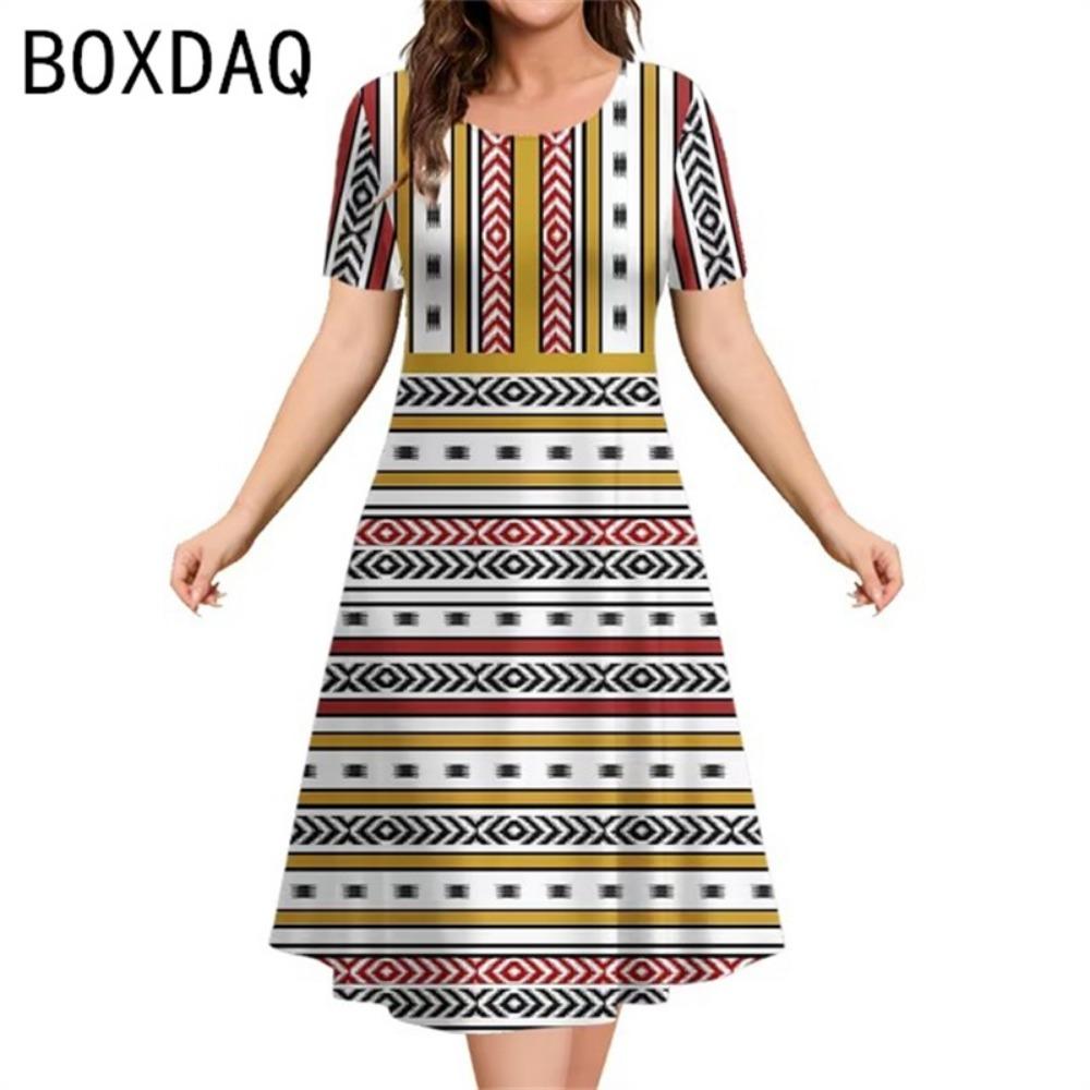 3D Vintage Ethnic Style Elegant A-Line Dress Oversized 3XL Women Short Sleeve O-Neck Casual Dress Letter Printed Casual Dresses