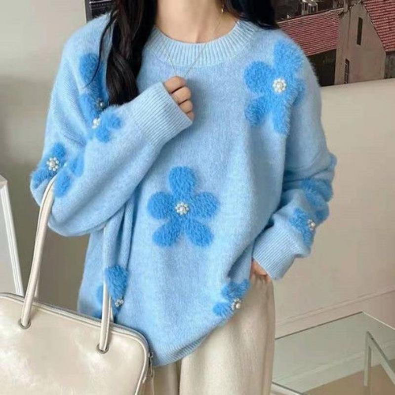 Milk Blue Soft Sweater Women's Fall and Winter Beaded Flowers Design Sense of Niche Fashion Foreign Sweet Comfortable and Versatile