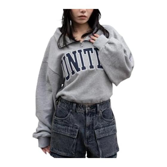 [Wego] Graphic Half Zip Sweat Tops Clothes Spring Clothes Street Casual Gift Present Women s