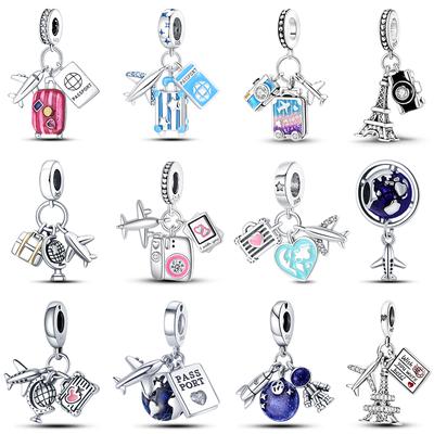 100% 925 Sterling Silver Airplane Passport Suitcase Travel Charms Beads Fit 925 Original Bracelets DIY Birthday Jewelry