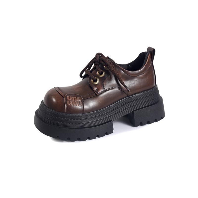 Fashion Women's new leather cowhide round toe high-heeled lace up college style single shoe with thick sole retro casual shoes