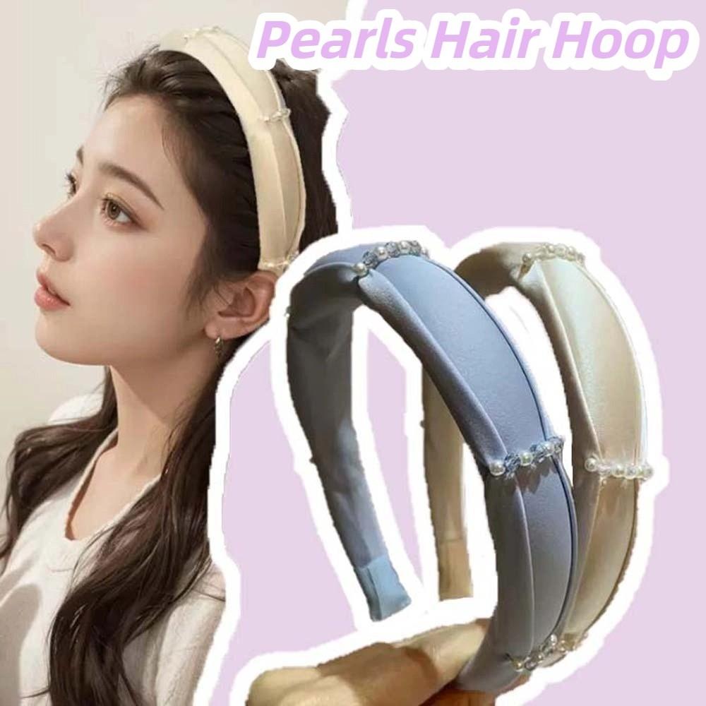 Rose Print Pearls Cloth Hair Hoop Sweet Beige Blue Hair Band Beads Crystal Headband Wedding